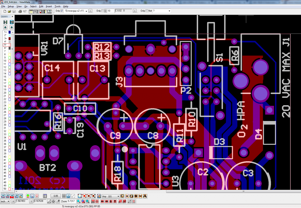 O2 v1.1b PCB: Equal to NwAvGuy's v1.1a, with J1 holes enlarged from 2.31mm to 3.05mm